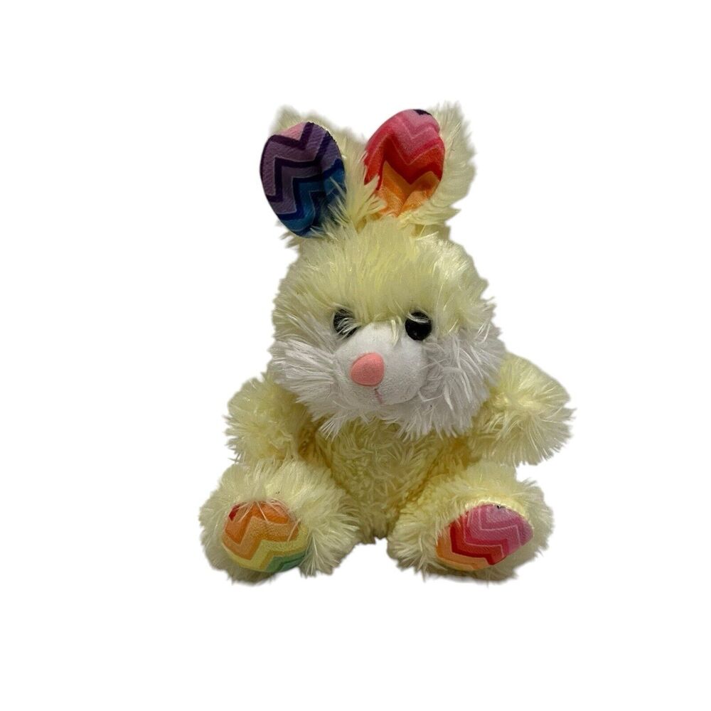 Toy Factory Yellow Fuzzy Easter Bunny Rabbit Plush 8.5" Chevron Striped Ears Paw